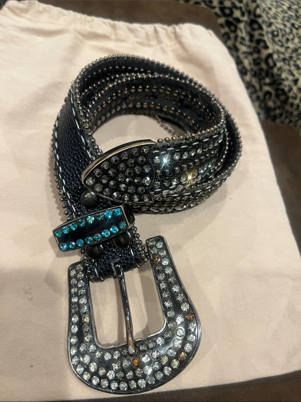 Embellished Crystal Studded Black Belt with Teal Accent